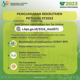 PENGUMUMAN HASIL SELEKSI ADMINISTRASI DAN TES ONLINE REKRUTMEN PETUGAS SENSUS PERTANIAN 2023 (ST2023