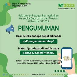 PENGUMUMAN REKRUTMEN TAHAP 1 PETUGAS PEMUTAKHIRAN KERANGKA GEOSPASIAL DAN MUATAN WILKERSTAT ST2023