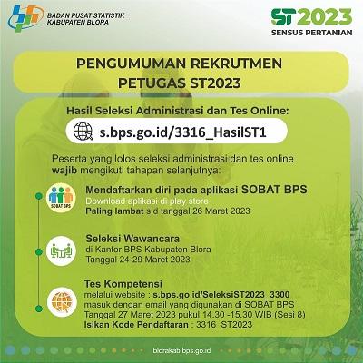 PENGUMUMAN HASIL SELEKSI ADMINISTRASI DAN TES ONLINE REKRUTMEN PETUGAS SENSUS PERTANIAN 2023 (ST2023