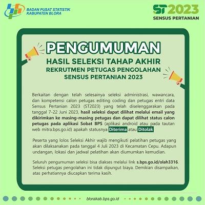 Pengumuman Hasil Seleksi E-Learning Calon Petugas Editing Coding dan Entri ST2023